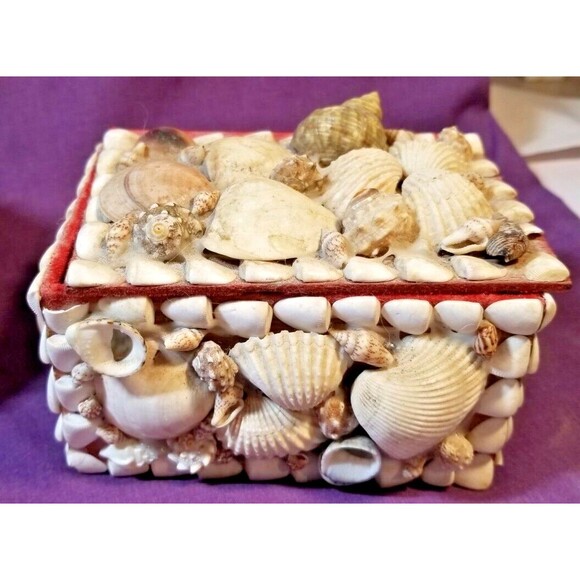 2 Vintage Seashell Encrusted Jewelry Trinket Treasure Box Handmade Coastal Beach - Picture 3 of 12